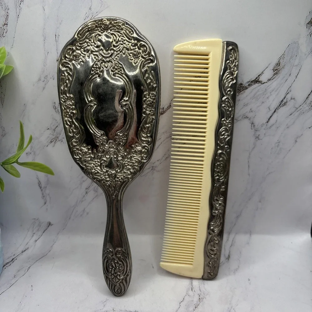Vintage Ornate Silver Plate Hair Brush & Comb Set Vanity Dresser Collectible